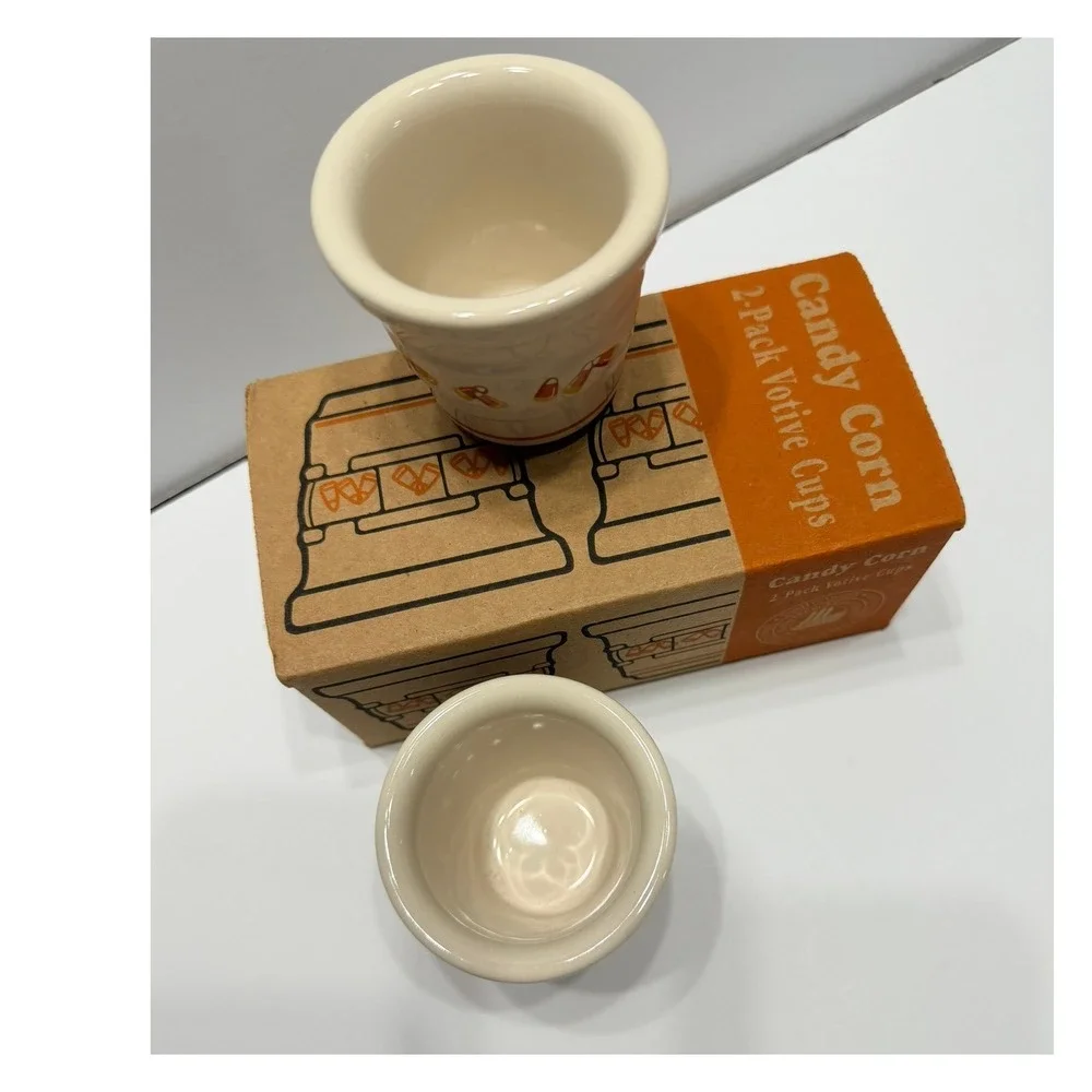 Longaberger Pottery Candy Corn 2 Pack Votive Cups Halloween Decor 37508 USA Made